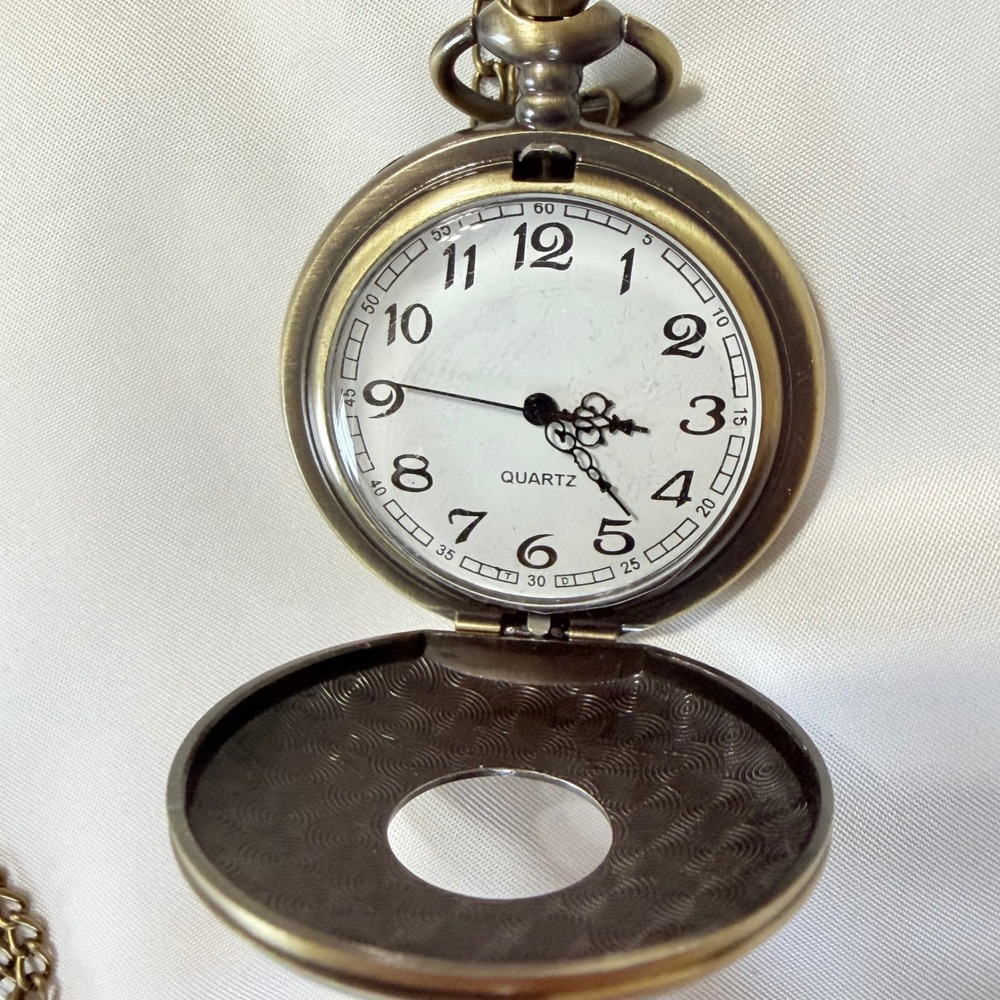 Vintage Bronze Quartz Pocket Watch Necklace Engraved Floral Hunter Case Pendant